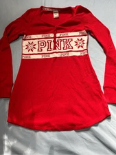 Victoria's Secret PINK Womens Pajama Top XS Red & White Henley Nigth Sleepwear