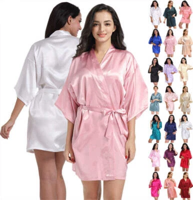 UK Womens Kimono Bridesmaid Bridal Robes Weeding Dressing Gowns Satin Nightdress - Image 1 of 4