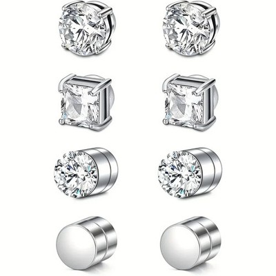 1 Pair Crystal Magnetic Stud Earrings Men Round Cubic Zirconia Non Piercing