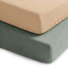 100 Muslin Crib Fitted Sheet 2 Pack, Fern and Cream - 100 Cotton, Soft Br...