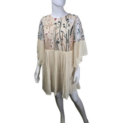 Altard State Embroidered Mini Dress 3/4 Bell Sheer Sleeve Boho Babydoll Medium