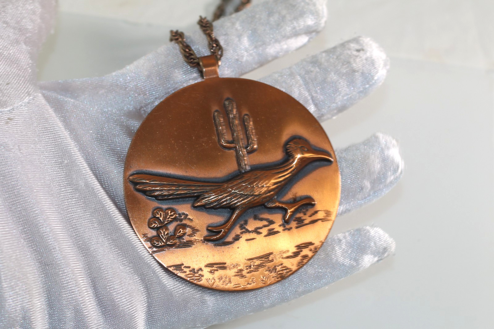 Huge Vintage Solid Copper Roadrunner Medallion Ne… - image 1