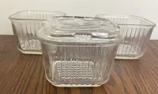 3 Vtg Federal Glass Refrigerator Dishes 4" Square Only 1 Lid Vegetables Ribbed