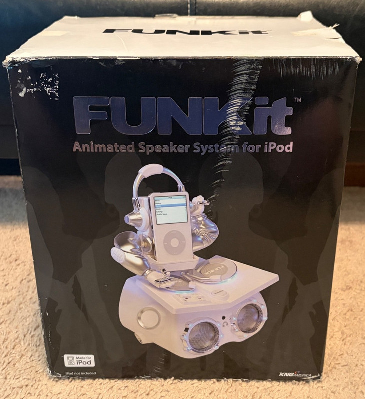 NEW FUNKIT DJ Animated Speaker Vintage iPod Docking System White Silver RARE NIB