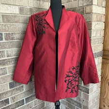 Victor Costa Occasion Silk Embroidered Jacket Size 1X Red Evening Open Front 8C1