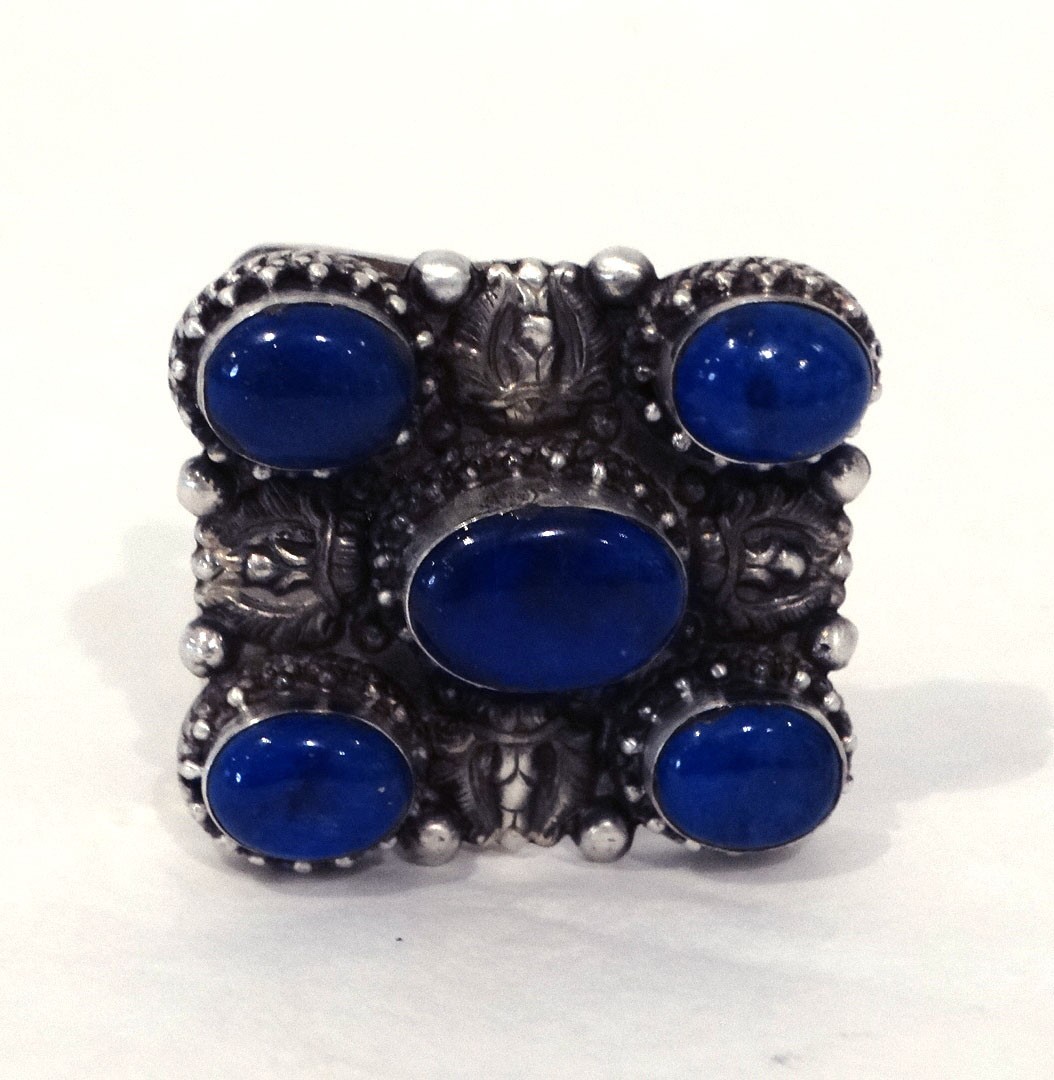 Boucle de ceinture argent 925 et lapis lazuli artisanale du Népal style vintage XXème