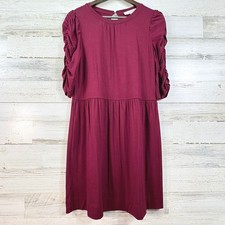 Loft Womens Burgundy Ruched Puff Sleeve Jersey Babydoll Dress Wine Red Size M
