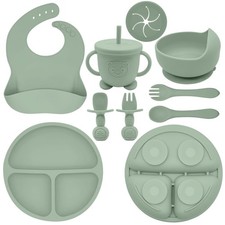 1 PCS Silicone Baby Feeding Set Weaning Suction Bowl Plate Bib Light Green