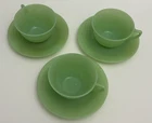 Vintage Green Fire King Ribbed Teacup & Saucer Plate Set of 3 Jadeite Oven Glass