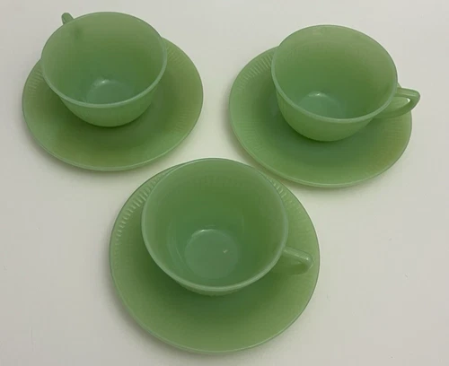 Vintage Green Fire King Ribbed Teacup & Saucer Plate Set of 3 Jadeite Oven Glass