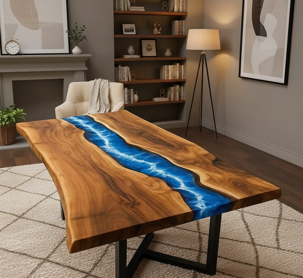 Live Edge Wood Epoxy River Table Top Blue Resin Handmade Coffee Dining table-image