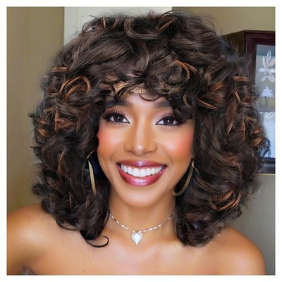 Lotfon Curly Wigs for Black Women Soft Honey Blonde 22.8 Inch, Afro Wig-Brown