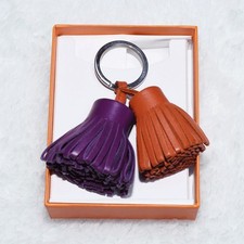 Authentic Hermes Carmen Uno Dos Key Ring Charm Purple Brown Leather Fringe w/Box