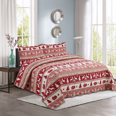 Embossed Pinsonic Bedspread Coverlet Soft Printed Quilt Set Cabin Red Goat Queen