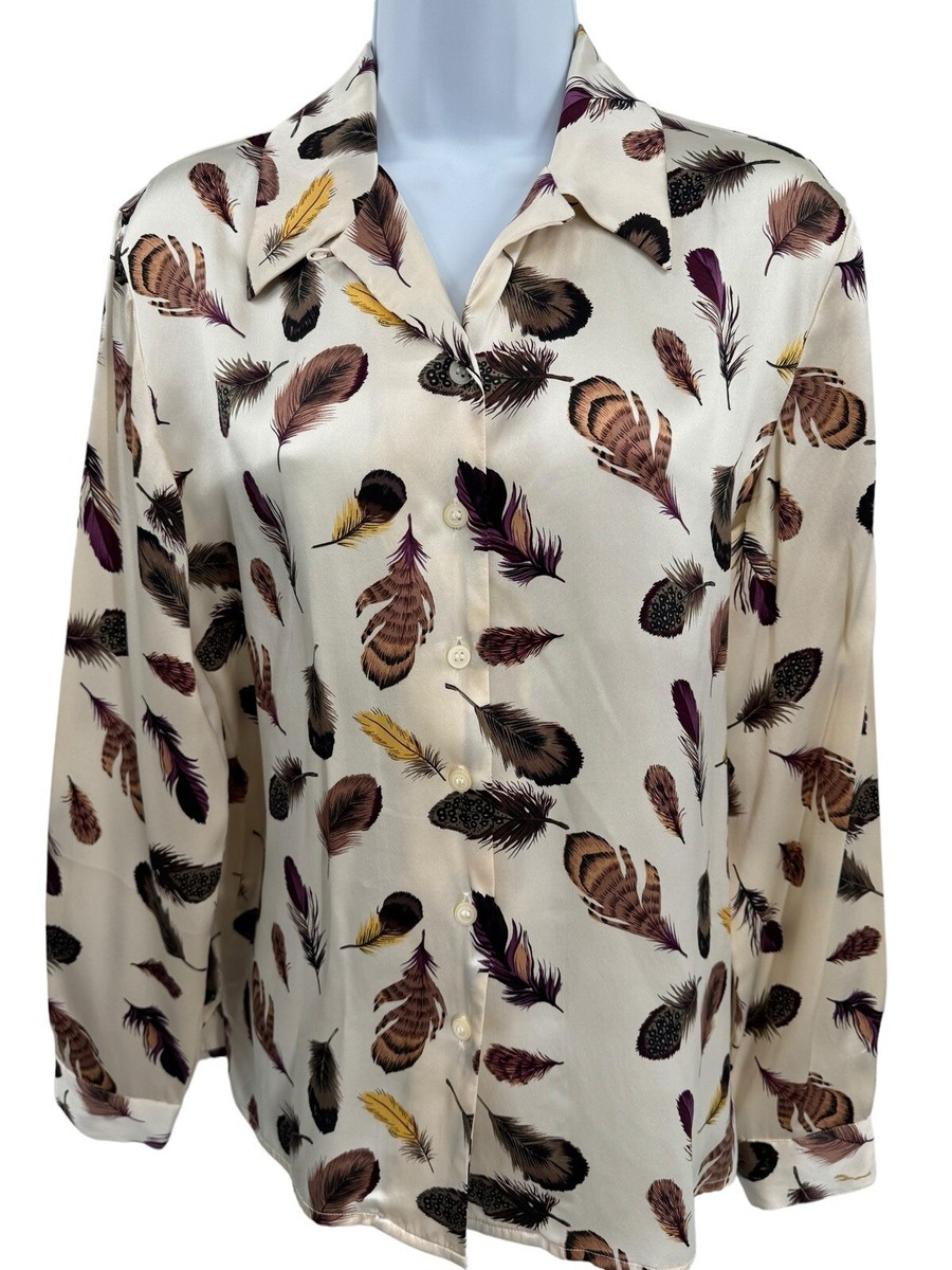 Talbots Womens Size Silk Cream Feather Print Button Front Blouse Shirt Top