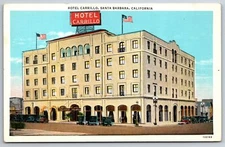 Santa Barbara California~Hotel Carrillo~Cars Parked in Front~Linen Postcard