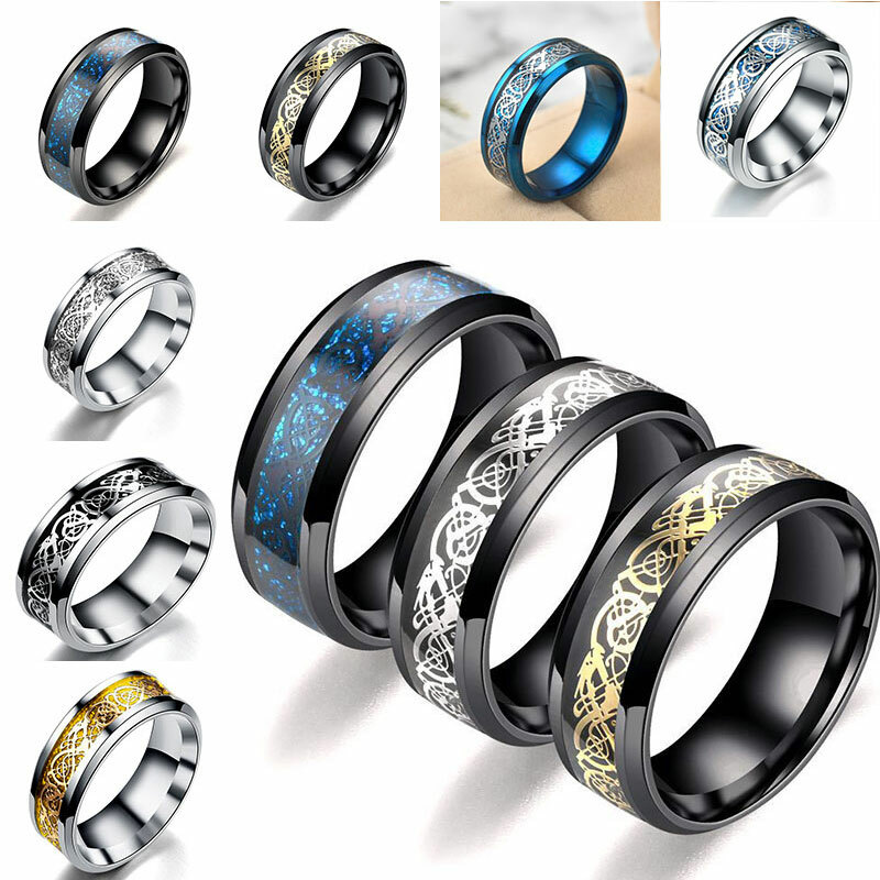 Silvering Dragon Inlay Stainless Steel Men's Wedding Band Rings Jewelry Gift
