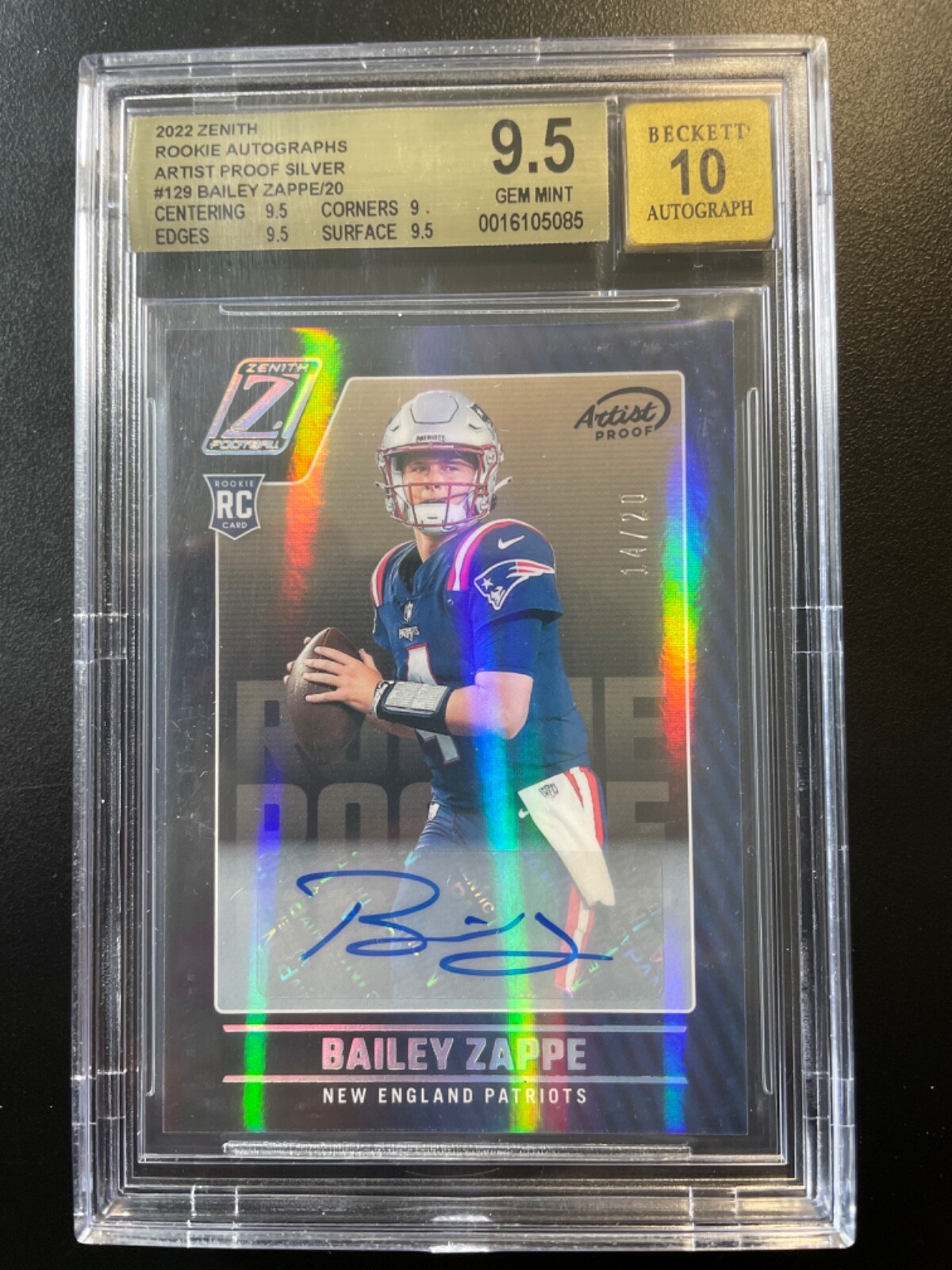 Bailey Zappe Beckett 9.5 2022 Panini Zenith RC Artist Proof Silver- AUTOGRAPH