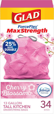 Glad Forceflex Maxstrength Tall Kitchen Trash Bags, 13 Gal, Cherry Blossom, 34 C