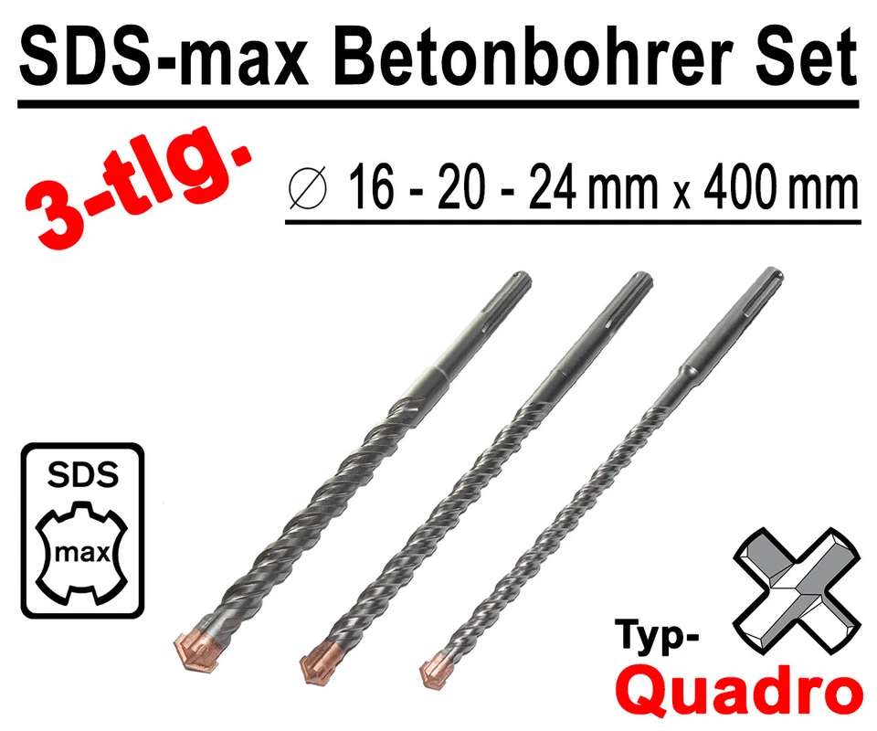 SDS-max Betonbohrer Set 3-tlg Quadro Bohrer Hammerbohrer 16mm 20mm 24mm x 400mm - Bild 2 von 4