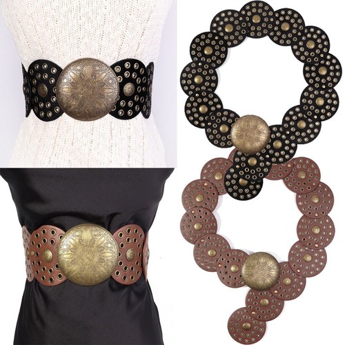 Round Hollow Belt Metal Buckle Wide Belts Vintage Disc Belts for Women