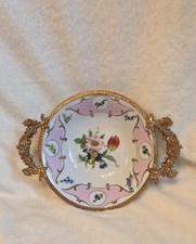 Handpainted Pink LIMOGES 6" Bowl, Brass Handles 8.5"