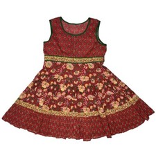 100% Cotton Boho Red Sequined Paisley Tiered Floral Dress Country Cottage Medium