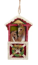 KURT S. ADLER HORSES AT BARN DOOR w/ WREATH EQUESTRIAN CHRISTMAS TREE ORNAMENT