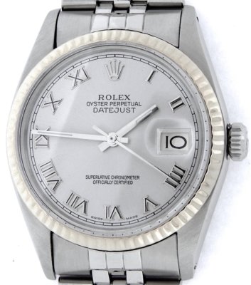 Mens Rolex Datejust Stainless Steel 18K White Gold Watch Silver Roman Dial 16014