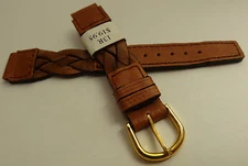 France Brown Ladies Braided Woven Oil Leather 13mm Watch Band Gold Tone Buckle