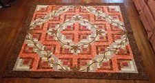 Autumn-Fall Applique Leaf 80x80 Full/Queen Log Cabin-size Quilt Red-Orange-Brown