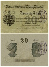 20 talarów, nieważny, banknot Banku Miejskiego zu Breslau, 1863 reprodukcja