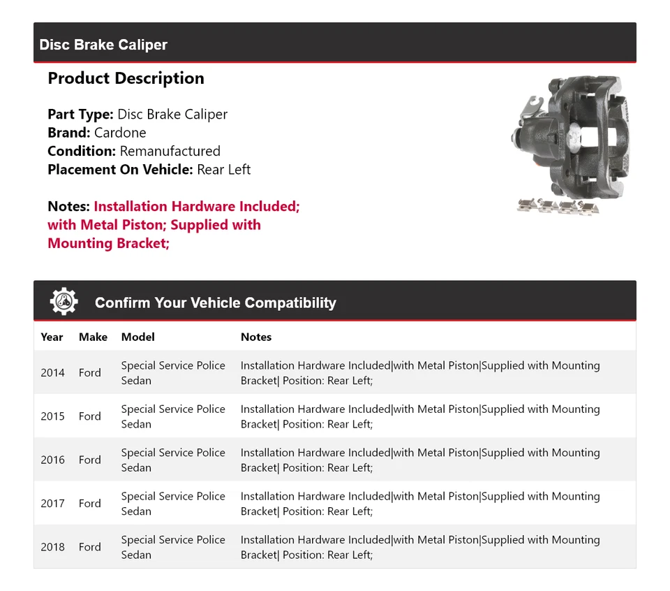Pinza de freno izquierda Cardone para Ford Special Service Police 2014-2018 sedán Rr Foto 2 de 4