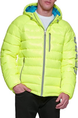Guess Mens Puffer Jacket Coat XXL Quilted Hooded Insulated Zip Neon Yellow $225