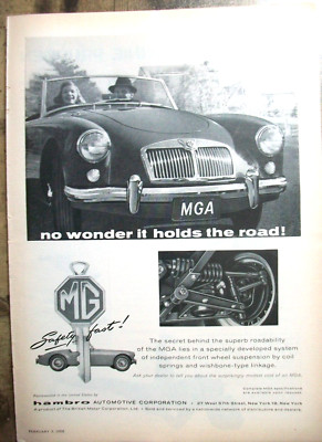 1958 MG MGA mid-size-mag car ad- ''No wonder it holds the road''