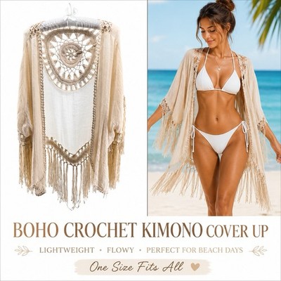 Boho Crotchet Fringe Kimono Cover Up One Size Beige Open Front Festival Beach 