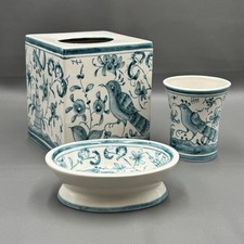 Casafina Portugal Ceramic Bath Set Blue White Tissue Box Cup Dish Floral 3 piece
