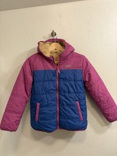 Eddie Bauer Kids Reversible Puffer Jacket Pink Blue Faux Fur Hooded Girl L 14/16