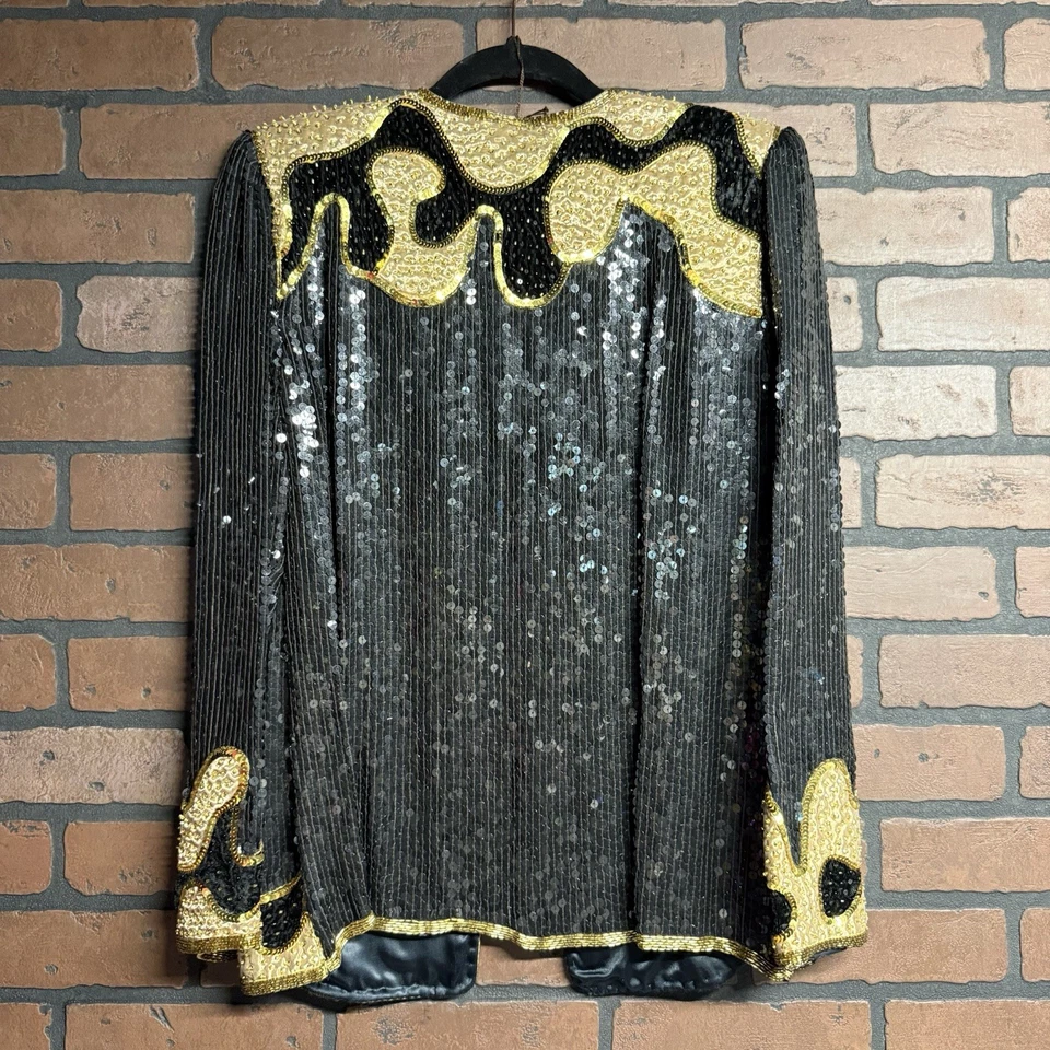 Conjunto Chaqueta De Colección Años 80 Lentejuelas Cuentas Dorado Y Negro Talla S Judith Ann Creations Seda Foto 3 de 3