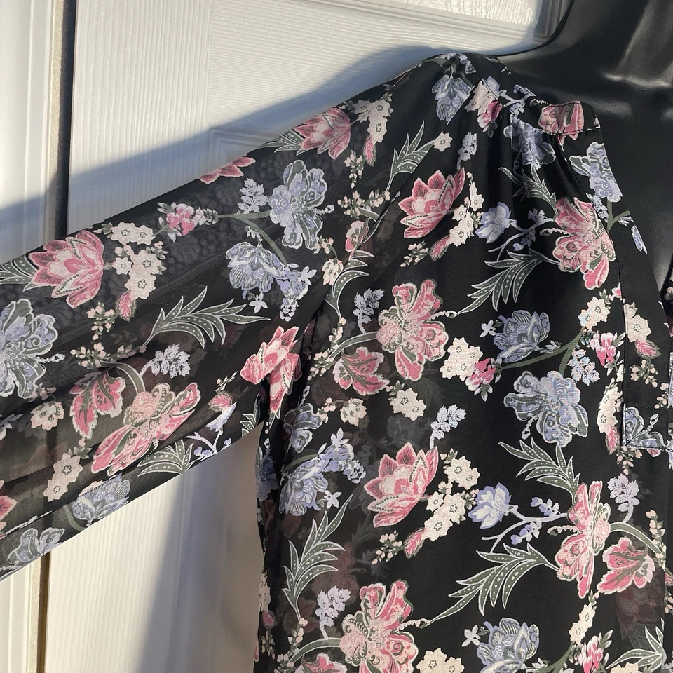 AB Studio Shirt Women 1X Black Pink Floral Whimsigoth Flowy Sheer Popover Tunic - Image 2 of 4