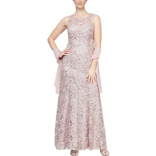 Alex Evenings Women Pink Floral Sequin Lace Gown with Shawl Sleeveless Dress NWT