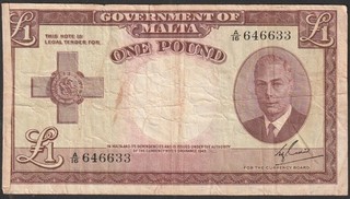Malta Banknote King George VI One Pound £1 8 May 1951