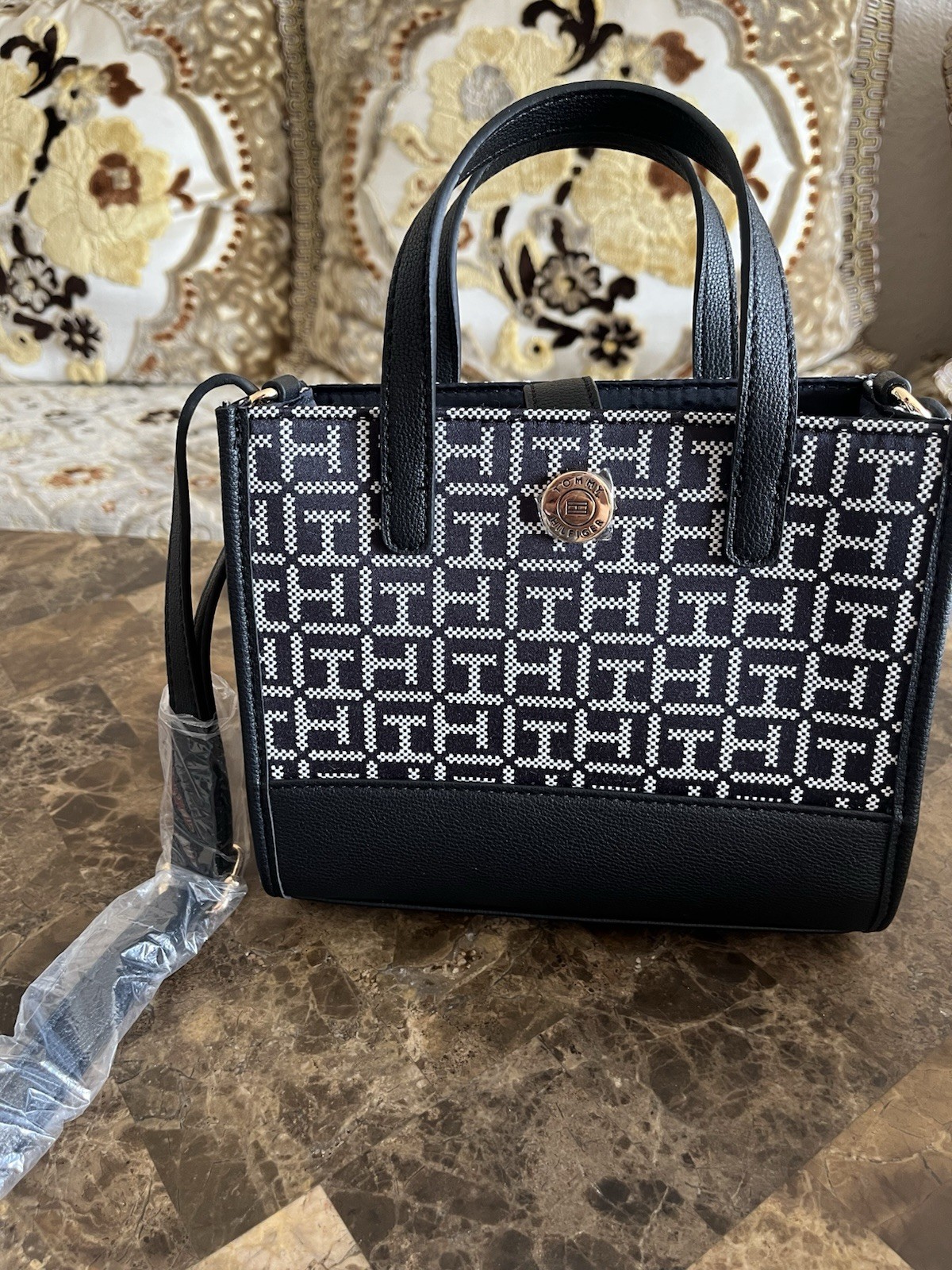 Tommy Hilfiger Navy White Signature Jacquard Mini Square Tote Bag