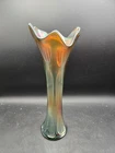 Fenton Green Carnival Glass Diamond And Rib Stretch Vase 11" Swung 3" Base