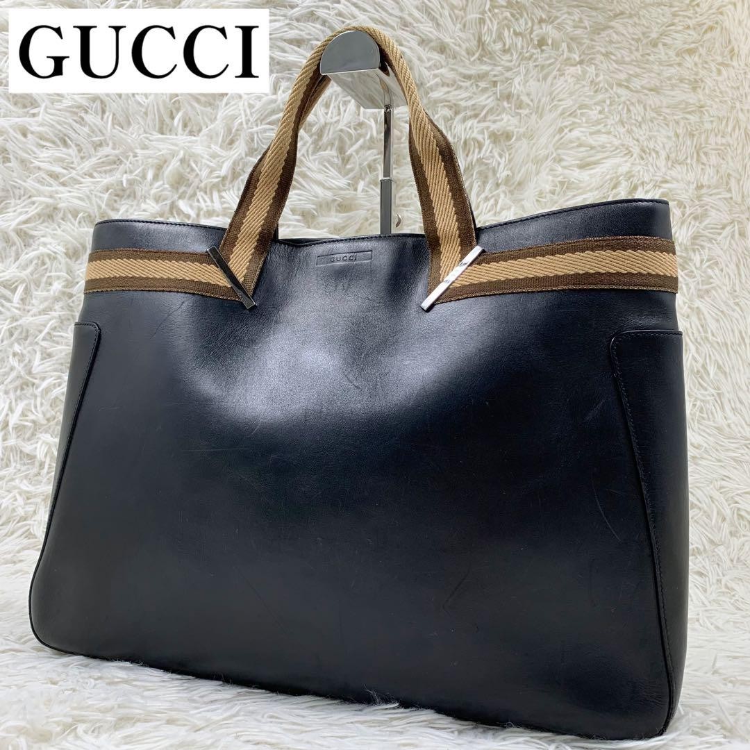 Gucci Sherry Line Black Leather A4 Tote Bag PGBT1U