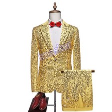 Mens 2pcs Suits Jacket Pants Sequins One Button Evening Party Clubwear Bar Stage
