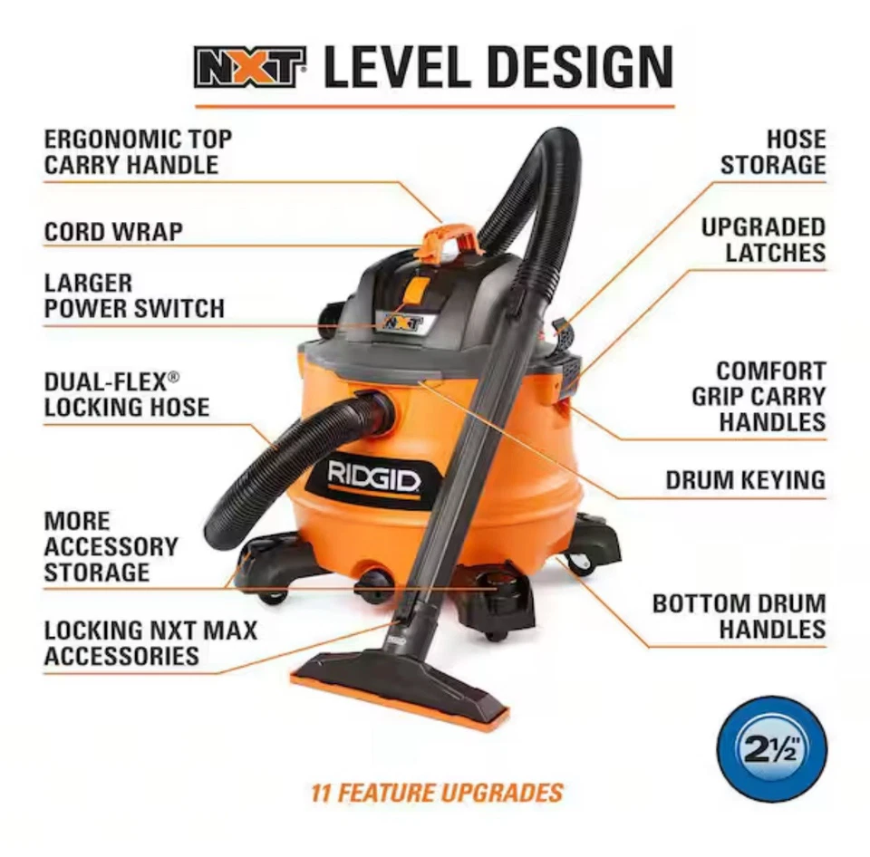 Ridgid 14 Gallon 6.0 Peak HP NXT Shop Vacuum Wet Dry Vac with Fine Dust Filter - Image 3 of 4