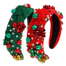 2Pcs Christmas Knotted Headband for Women Xmas Red Green Pearl Rhinestone Cry...