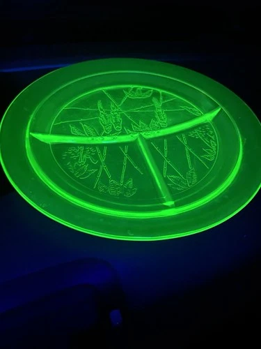 3 Hazel Atlas Parrot Uranium Glass Divided Grill Plates 1930s Depression Glow