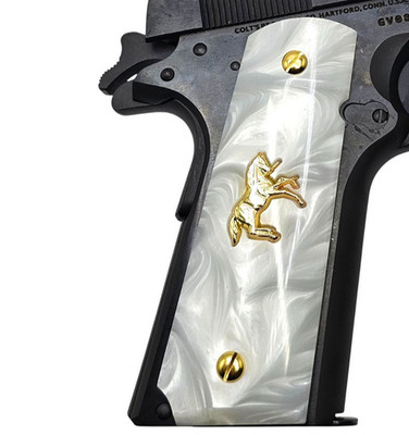1911 Grips Full Size White Pearl 24K Gold Colt Horse Emblem & Screws Ambi Cut